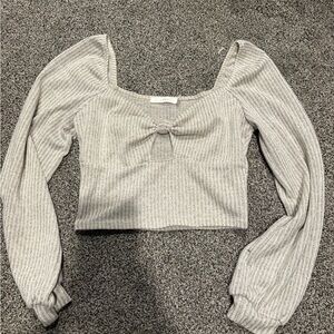 Lush Ribbed Long-Sleeve Cropped Top with Front Tie - Cream